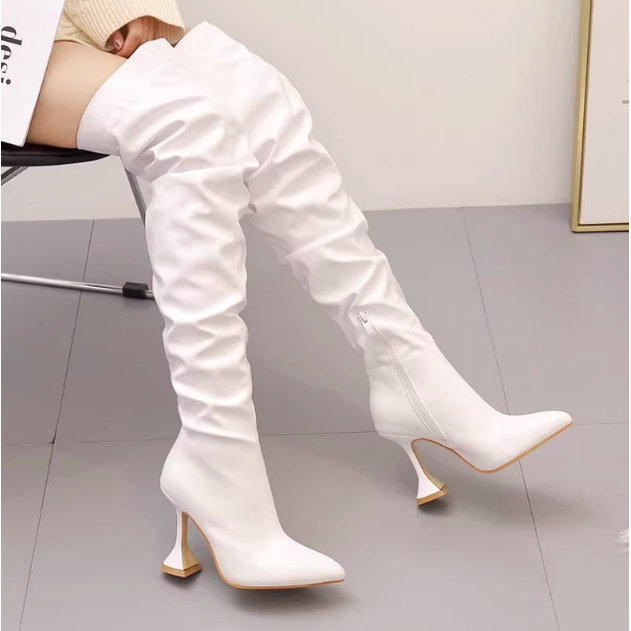 Giày boot đùi nữ siêu cao gót 10 phân ống cao da trơn cá tính thu đông cho nữ 2023