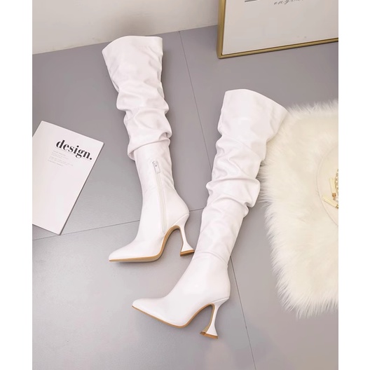 Giày boot đùi nữ siêu cao gót 10 phân ống cao da trơn cá tính thu đông cho nữ 2023