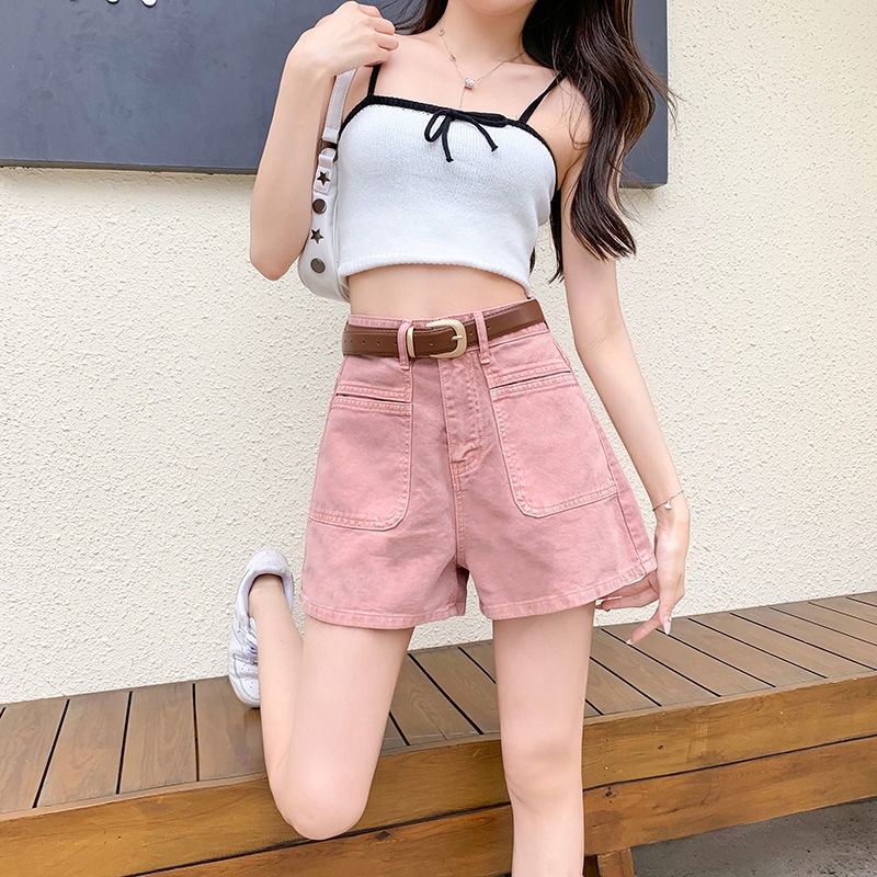 Jiashucheng Quần Short denim Hồng Lưng Cao Dáng Chữ a Ống Rộng Phối Túi Thời Trang Mùa Hè Cho Nữ