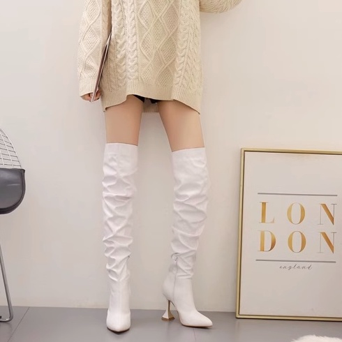 Giày boot đùi nữ siêu cao gót 10 phân ống cao da trơn cá tính thu đông cho nữ 2023