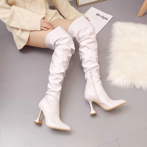 Giày boot đùi nữ siêu cao gót 10 phân ống cao da trơn cá tính thu đông cho nữ 2023