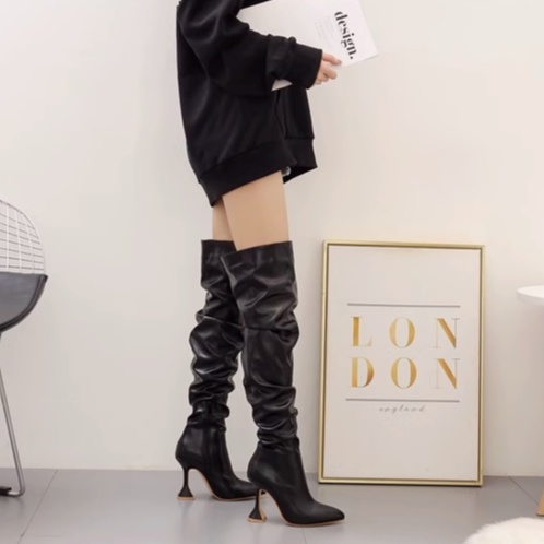 Giày boot đùi nữ siêu cao gót 10 phân ống cao da trơn cá tính thu đông cho nữ 2023
