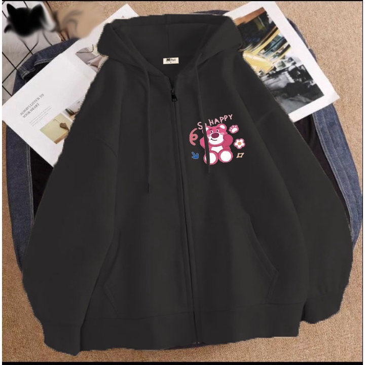 Áo khoác gấu dâu happy cho bé gái chất nỉ phom rộng size từ 9 đến 65kg KHÁNH KHIÊM SHOP