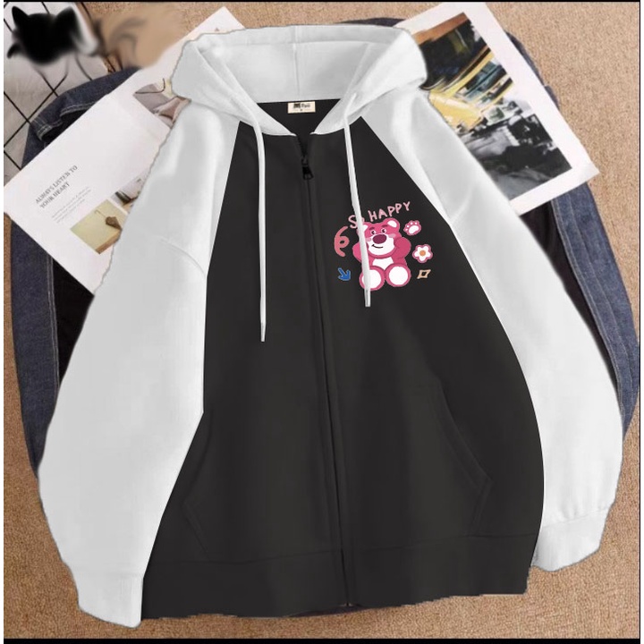 Áo khoác gấu dâu happy cho bé gái chất nỉ phom rộng size từ 9 đến 65kg KHÁNH KHIÊM SHOP