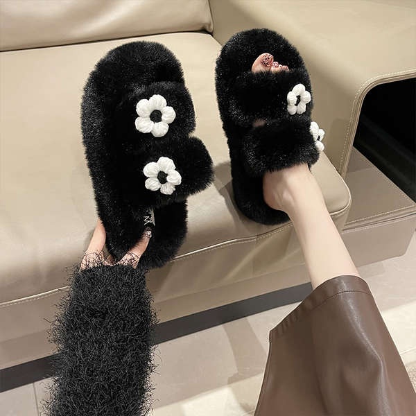 Giày Lông Xù Đế Dày Đính Hoa Nhỏ Dễ Thương Thời Trang Thu Đông 2023 Cho Bạn Gái