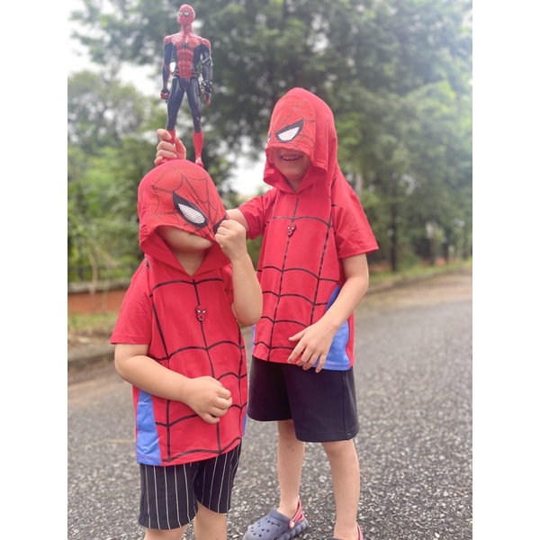 Set 2 Áo Thun Ngắn Tay Có Mũ Trùm Đầu Biến Hình Họa Tiết Siêu Nhân Marvel Cho Bé - Quà Tặng Sinh Nhật Halloween Cho Bé