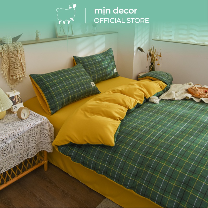 Bộ chăn ga gối cotton tici Mịn Decor, set 4 món kẻ caro nhiều màu sắc phong cách Hàn Quốc