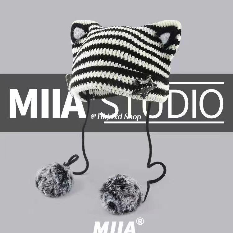 Mũ Len Tai Mèo Họa Tiết Kẻ Sọc Dễ Thương Thời Trang Thu Đông Hàn Quốc y2k