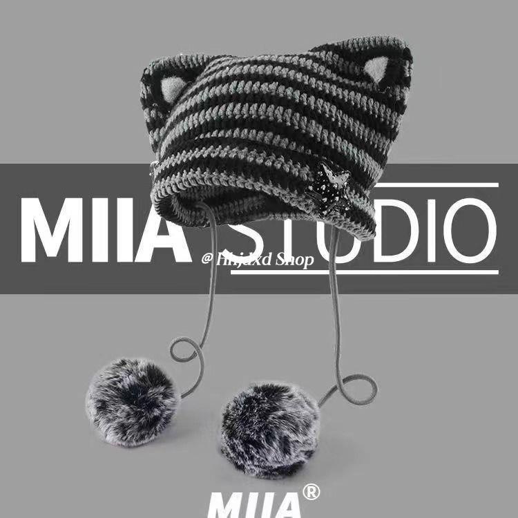 Mũ Len Tai Mèo Họa Tiết Kẻ Sọc Dễ Thương Thời Trang Thu Đông Hàn Quốc y2k