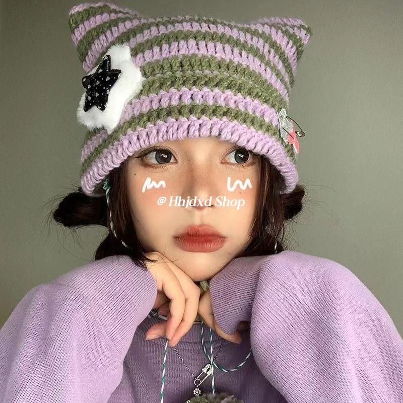 Mũ Len Tai Mèo Họa Tiết Kẻ Sọc Dễ Thương Thời Trang Thu Đông Hàn Quốc y2k