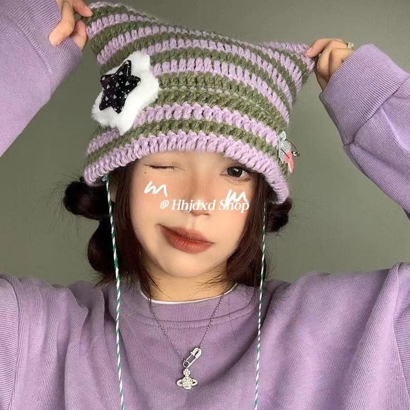 Mũ Len Tai Mèo Họa Tiết Kẻ Sọc Dễ Thương Thời Trang Thu Đông Hàn Quốc y2k