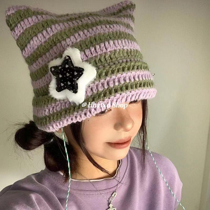 Mũ Len Tai Mèo Họa Tiết Kẻ Sọc Dễ Thương Thời Trang Thu Đông Hàn Quốc y2k