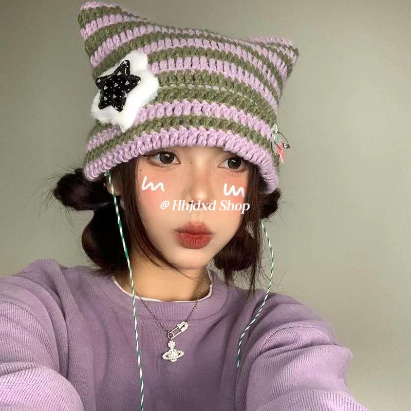 Mũ Len Tai Mèo Họa Tiết Kẻ Sọc Dễ Thương Thời Trang Thu Đông Hàn Quốc y2k