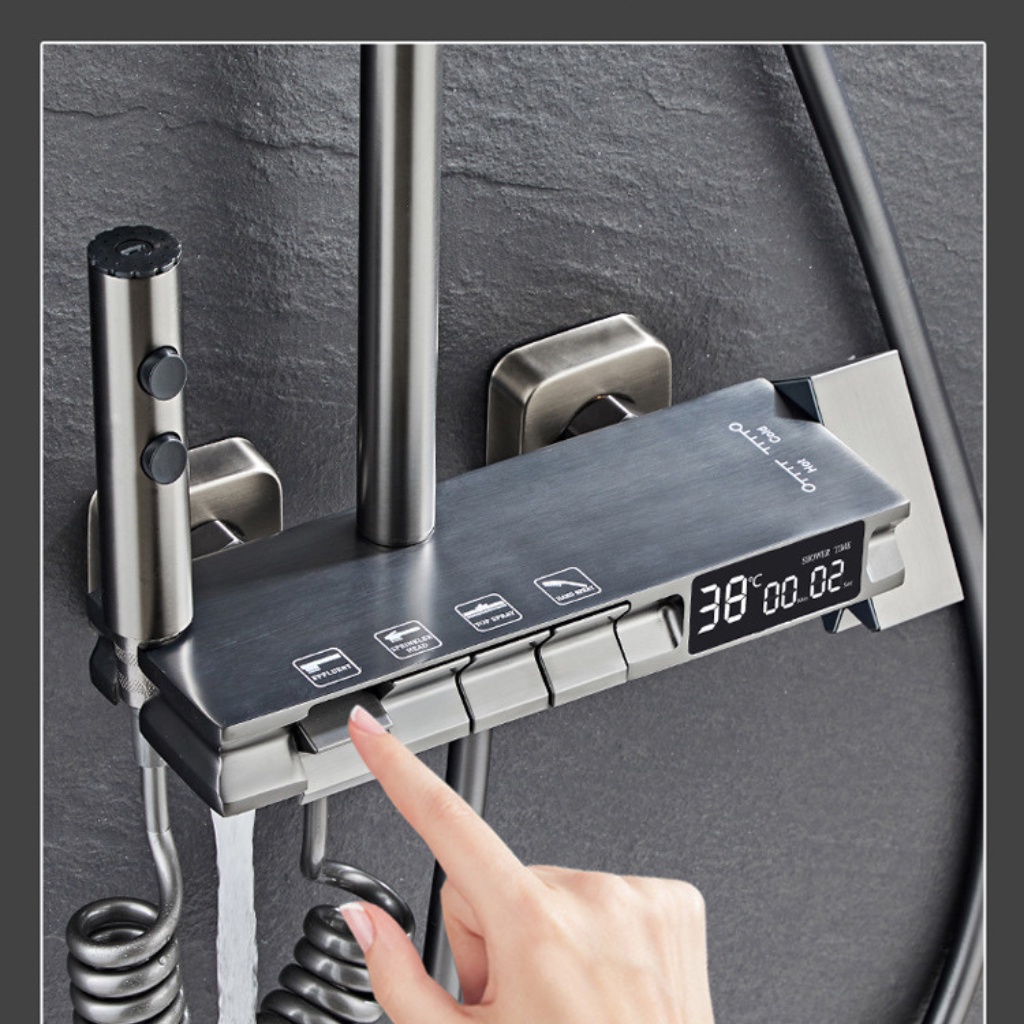 Bộ sen cây tắm đứng nóng lạnh 4 phím đàn củ đồng chữ nhật nguyên khối có bảng hiển thị nhiệt độ điện tử - Bảo hành 2 năm