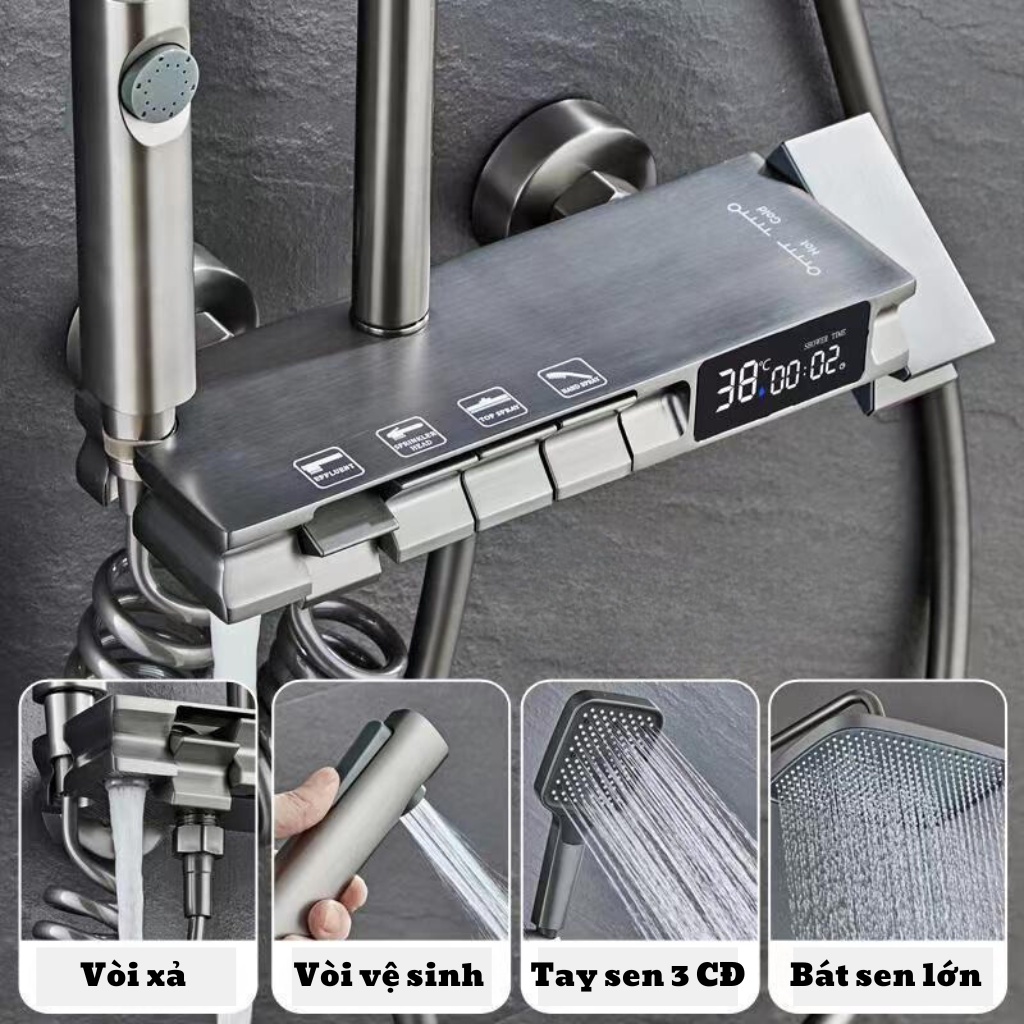 Bộ sen cây tắm đứng nóng lạnh 4 phím đàn củ đồng chữ nhật nguyên khối có bảng hiển thị nhiệt độ điện tử - Bảo hành 2 năm