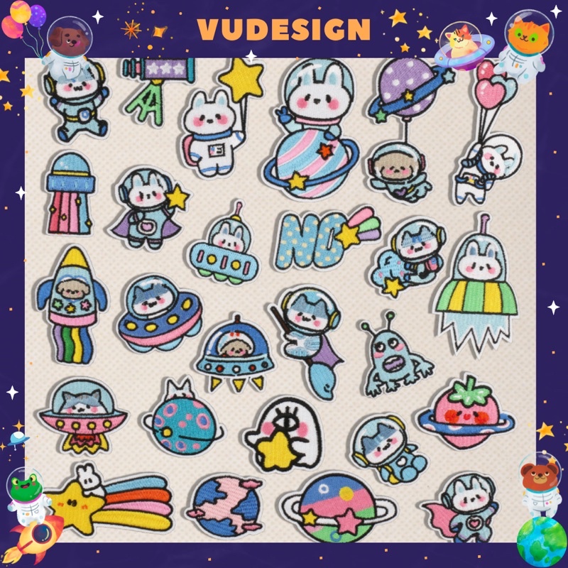 Sticker Dán Vải, Sticker Ủi Thêu Quần Áo, Balo, Túi, Mũ Hình Thỏ Mèo Chó Phi Hành Gia Vũ Trụ Cute Vudesign