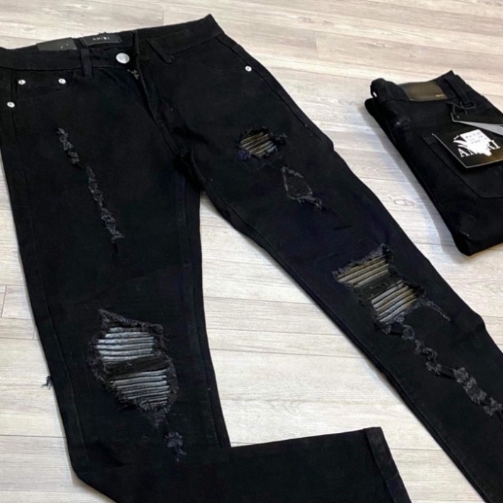 Quần JEAN AMIRI QC Đen Vá Da Đen Trắng Xanh Đỏ Nhăn Ống Côn Bó Sát Quần bò nam màu đen gối vá họa ti