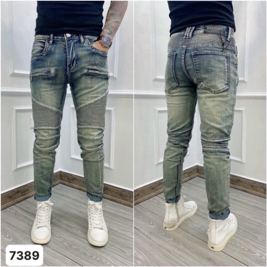 Quần JEAN Nam BATMAN Đùi Nhăn Ống Khoá Zip Phối Ngang Quần Bò Nam Nhăn Phong Cách Khóa Zip Lịch Lãm