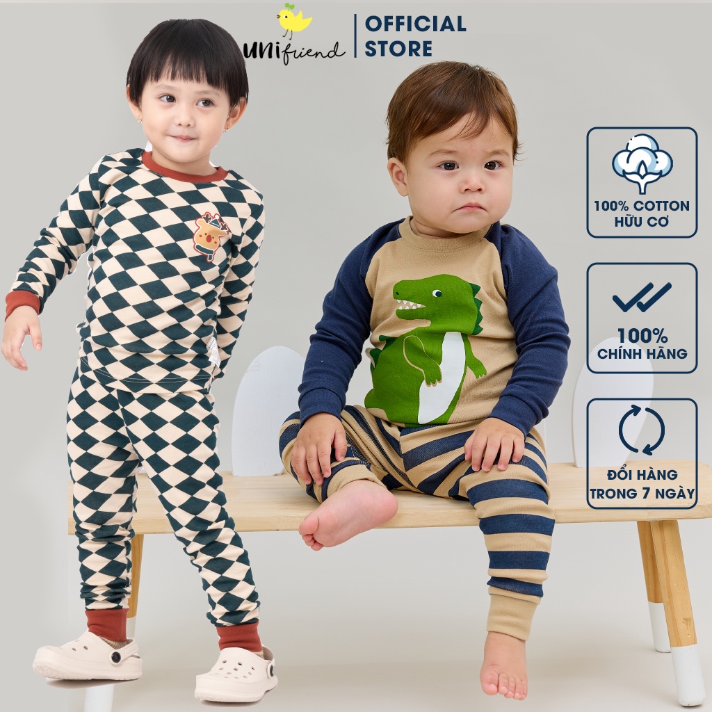 Đồ bộ tay dài quần áo thun cotton mịn dáng ôm mặc nhà mùa hè cho bé gái  và bé trai Unifriend Hàn Quốc U2023-43