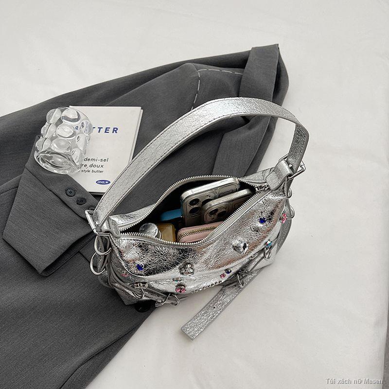 Order🦋Túi đeo chéo màu bạc thời trang túi bánh bao túi xách kim cương túi nách