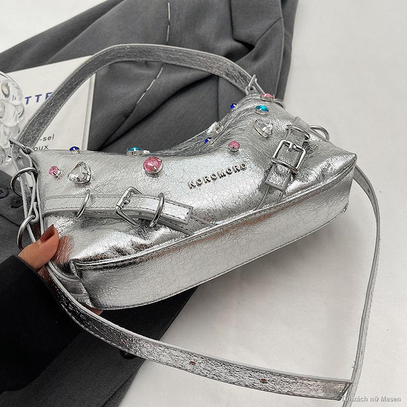 Order🦋Túi đeo chéo màu bạc thời trang túi bánh bao túi xách kim cương túi nách