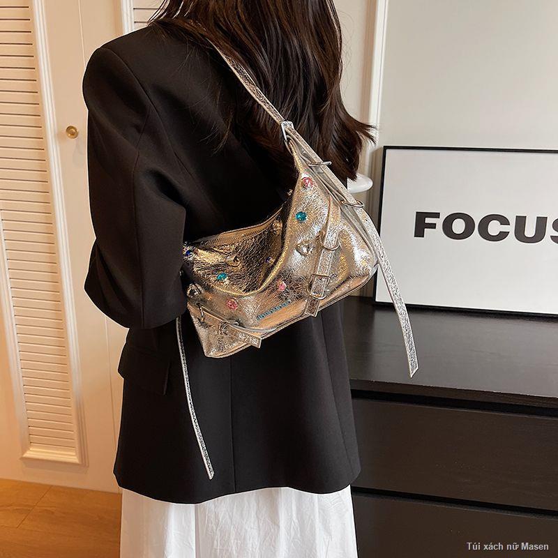 Order🦋Túi đeo chéo màu bạc thời trang túi bánh bao túi xách kim cương túi nách