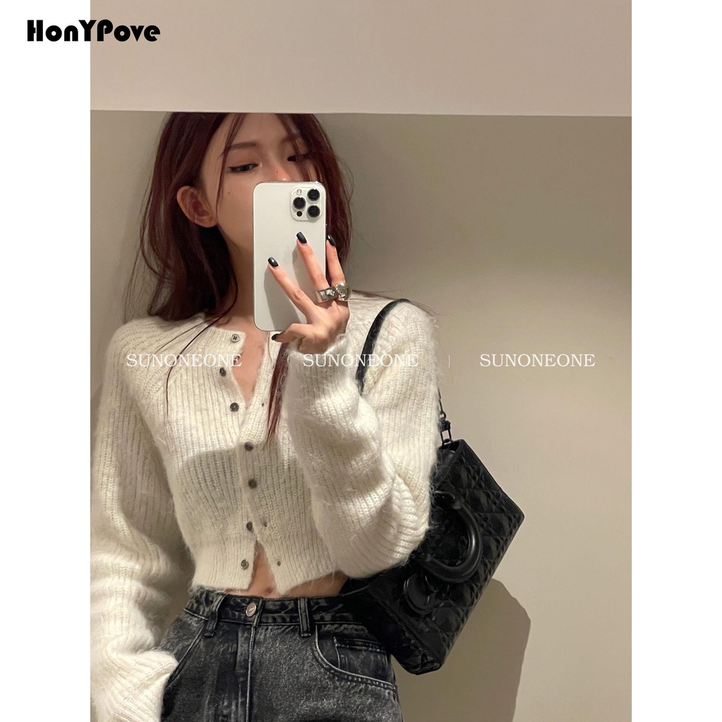 Honypove Áo Len cardigan Cổ Tròn Màu Trơn Phong Cách Thời Trang Mùa Thu Mới 2023