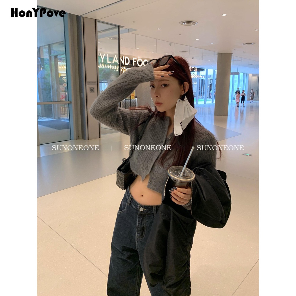 Honypove Áo Len cardigan Cổ Tròn Màu Trơn Phong Cách Thời Trang Mùa Thu Mới 2023