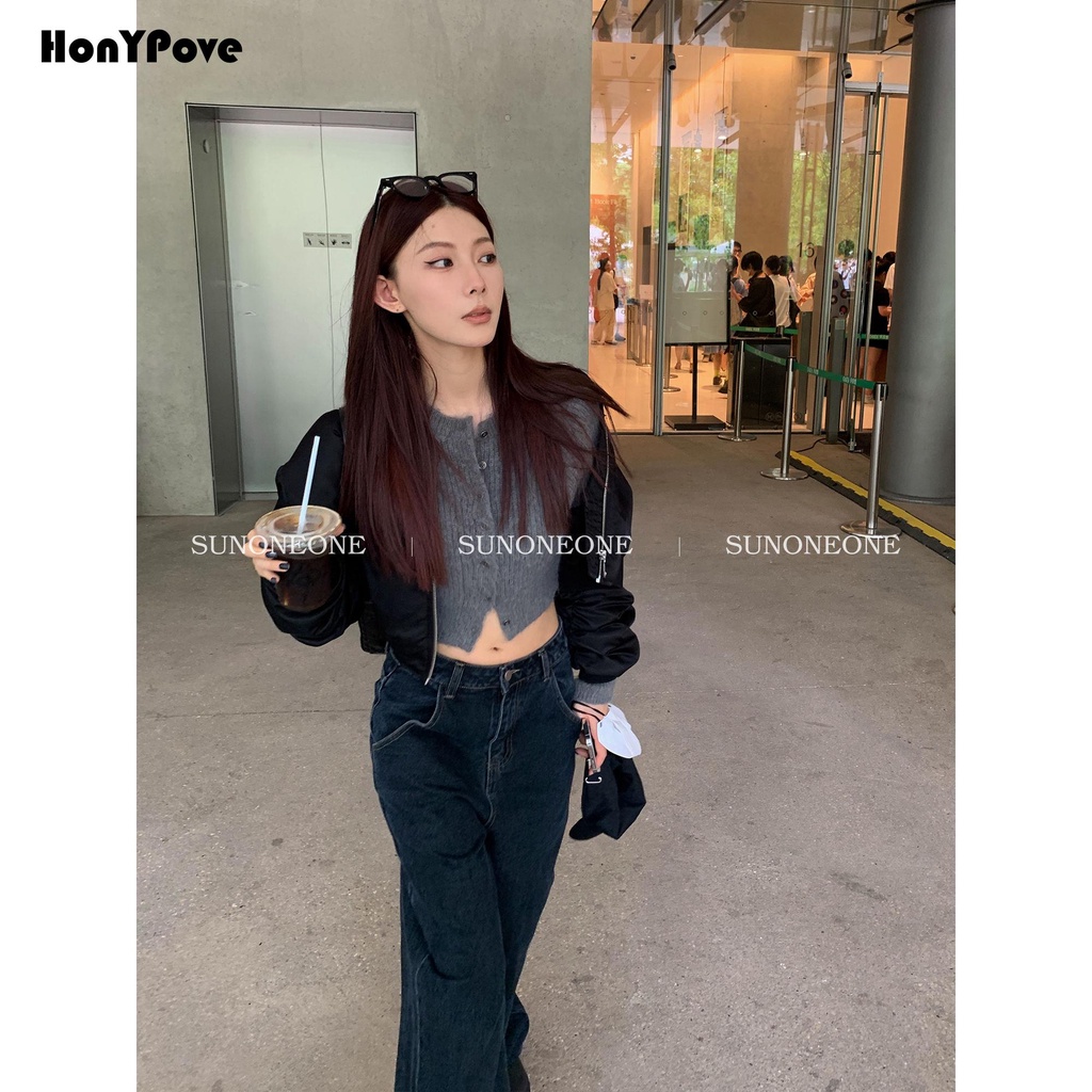 Honypove Áo Len cardigan Cổ Tròn Màu Trơn Phong Cách Thời Trang Mùa Thu Mới 2023