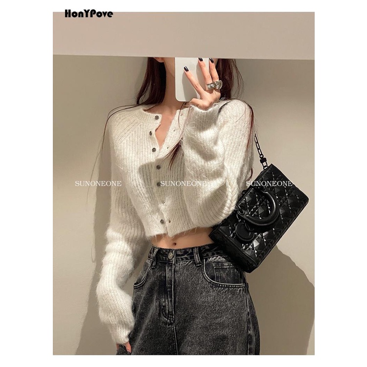 Honypove Áo Len cardigan Cổ Tròn Màu Trơn Phong Cách Thời Trang Mùa Thu Mới 2023