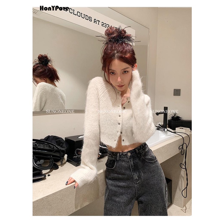 Honypove Áo Len cardigan Cổ Tròn Màu Trơn Phong Cách Thời Trang Mùa Thu Mới 2023