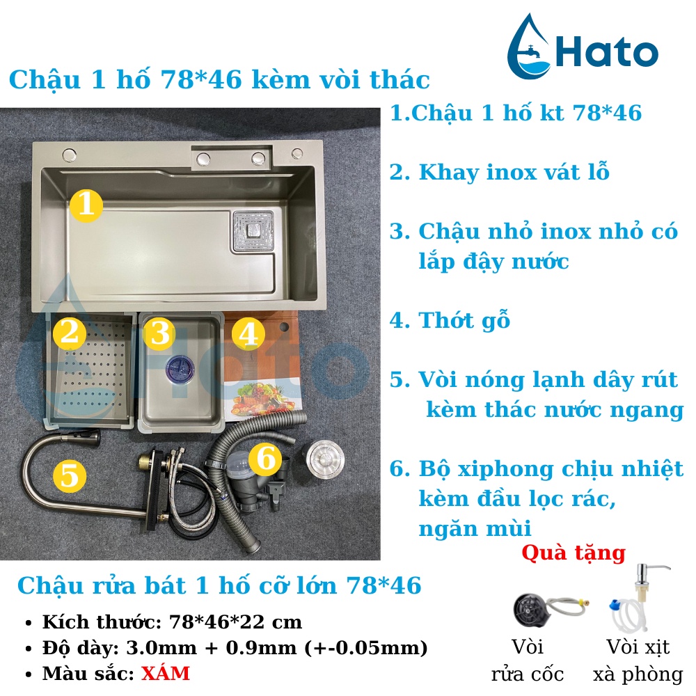 Chậu Rửa Bát 1 Hố HATO Inox 304 Có Vòi Rút Thác Nước, Bồn Rửa Chén 1 Ngăn Lớn Gồm Thớt, Nước Ngang, Khay Rửa, Xiphong