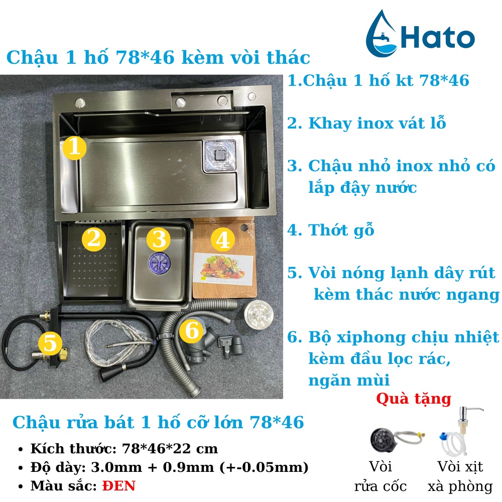 Chậu Rửa Bát 1 Hố HATO Inox 304 Có Vòi Rút Thác Nước, Bồn Rửa Chén 1 Ngăn Lớn Gồm Thớt, Nước Ngang, Khay Rửa, Xiphong