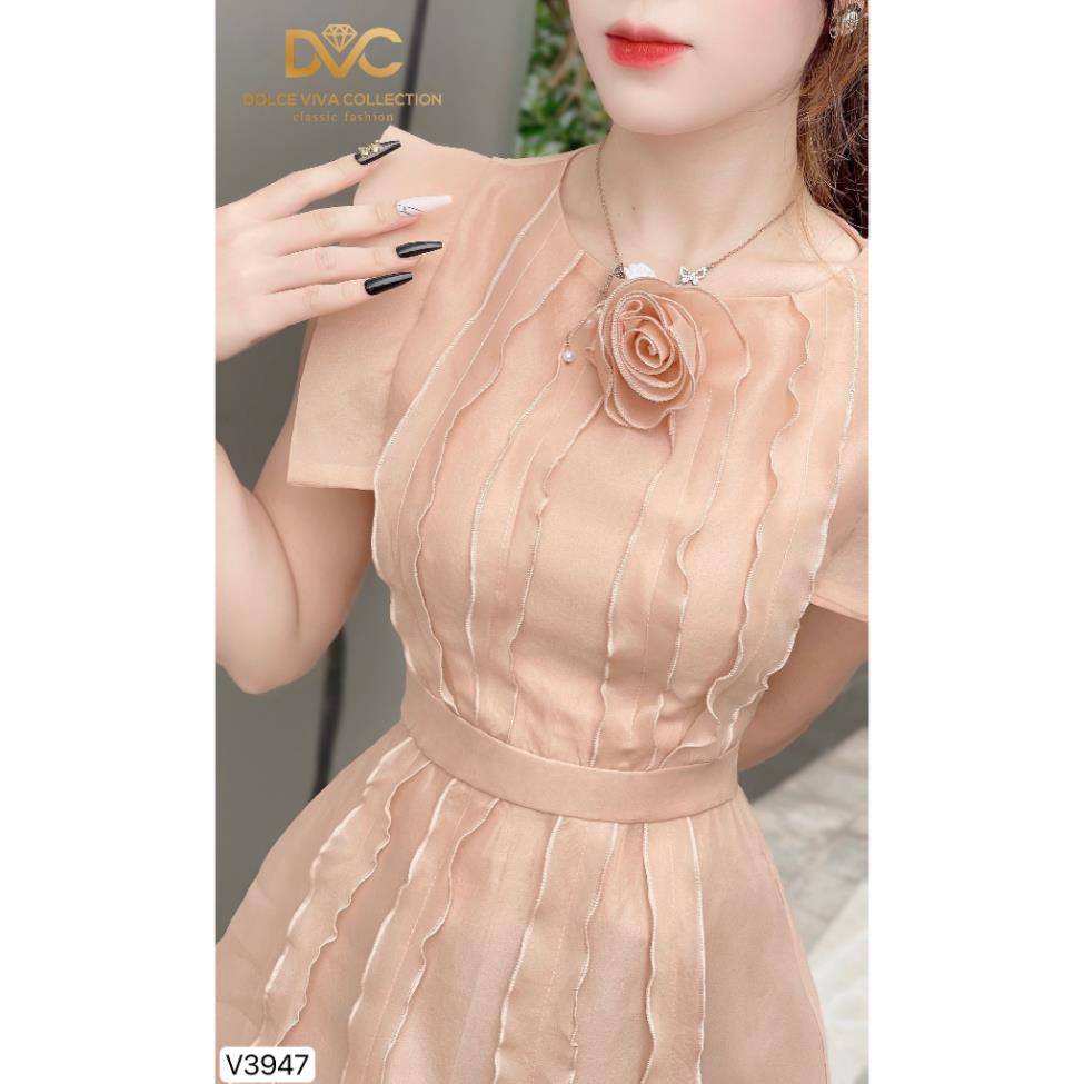 VÁY NỮ ĐI CHƠI, VÁY NÂU PHỐI BÈO CỔ ĐÍNH HOA V3947 - DVC as store