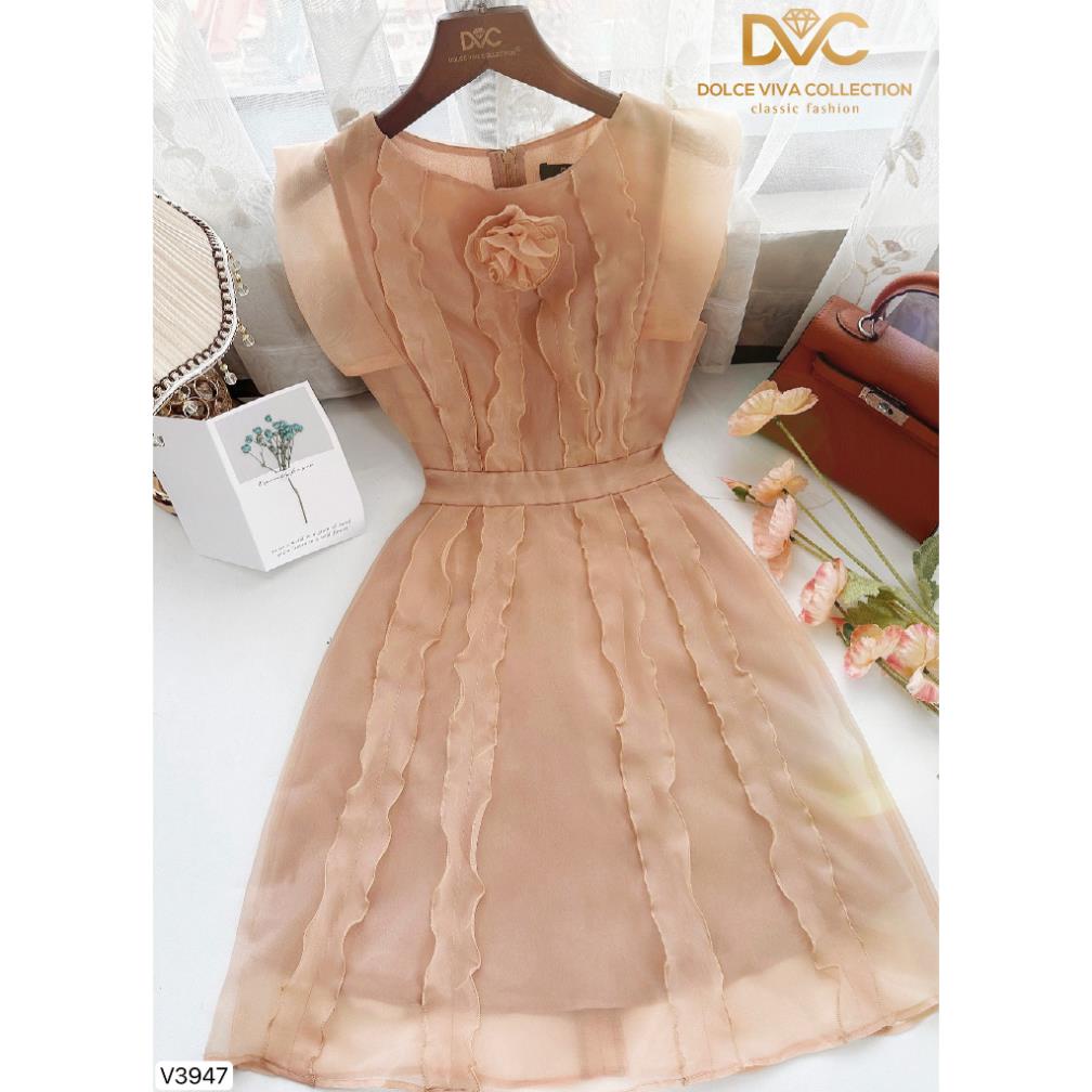 VÁY NỮ ĐI CHƠI, VÁY NÂU PHỐI BÈO CỔ ĐÍNH HOA V3947 - DVC as store