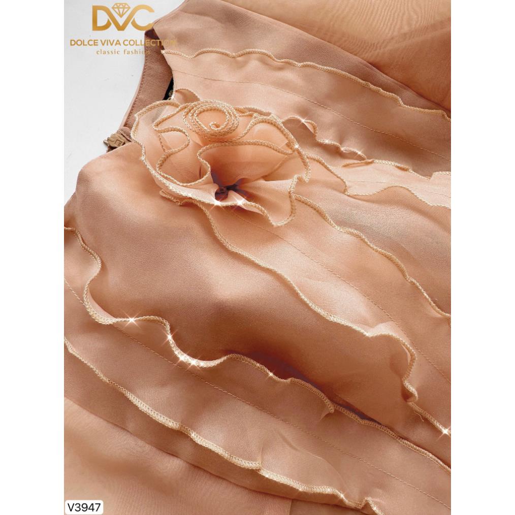 VÁY NỮ ĐI CHƠI, VÁY NÂU PHỐI BÈO CỔ ĐÍNH HOA V3947 - DVC as store