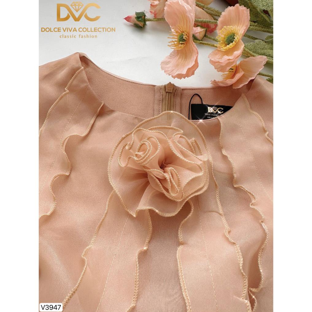 VÁY NỮ ĐI CHƠI, VÁY NÂU PHỐI BÈO CỔ ĐÍNH HOA V3947 - DVC as store