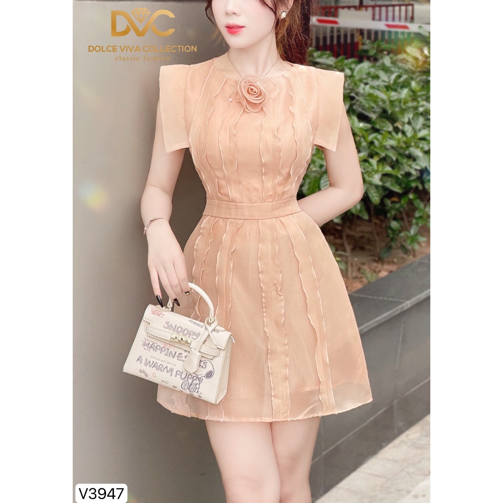 VÁY NỮ ĐI CHƠI, VÁY NÂU PHỐI BÈO CỔ ĐÍNH HOA V3947 - DVC as store