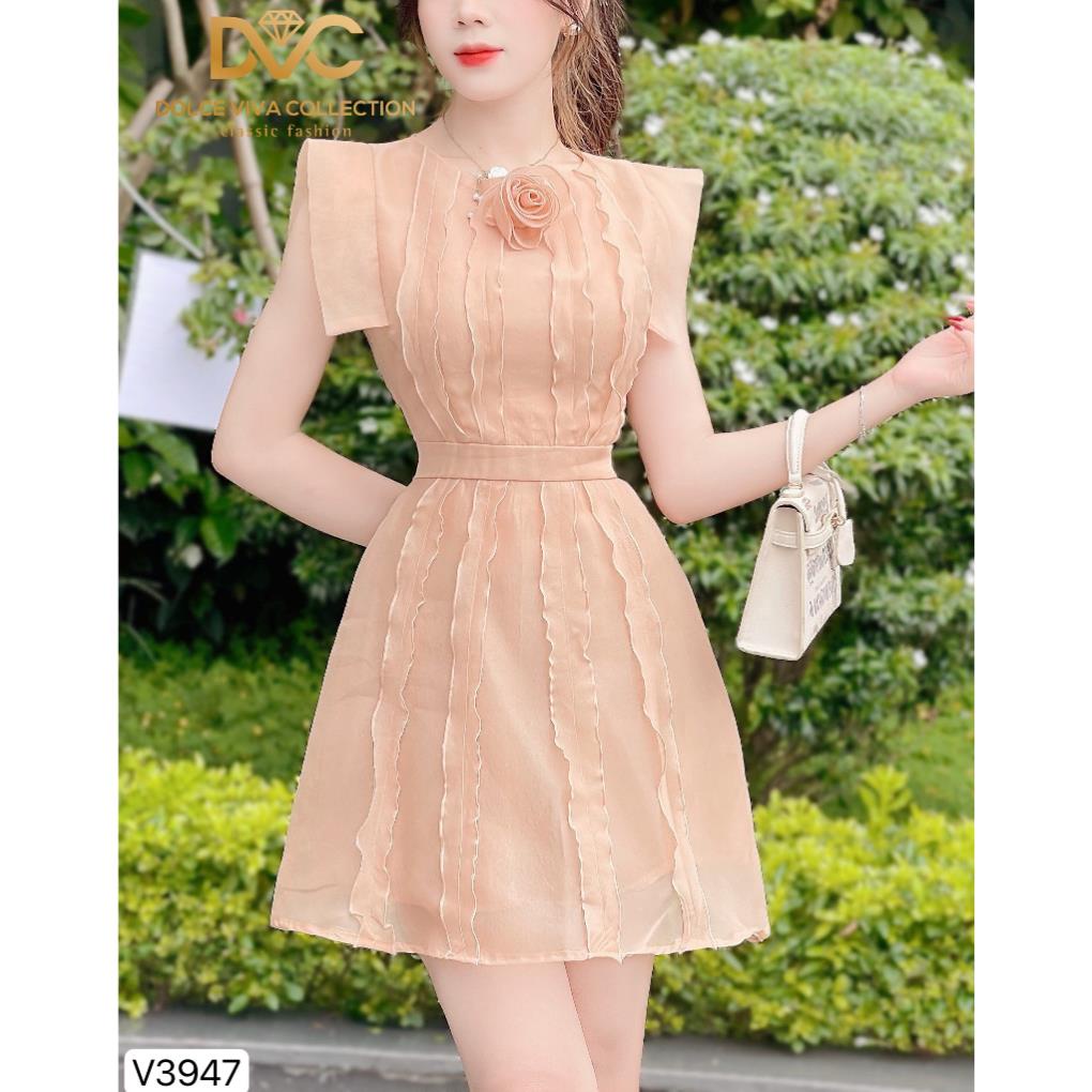 VÁY NỮ ĐI CHƠI, VÁY NÂU PHỐI BÈO CỔ ĐÍNH HOA V3947 - DVC as store