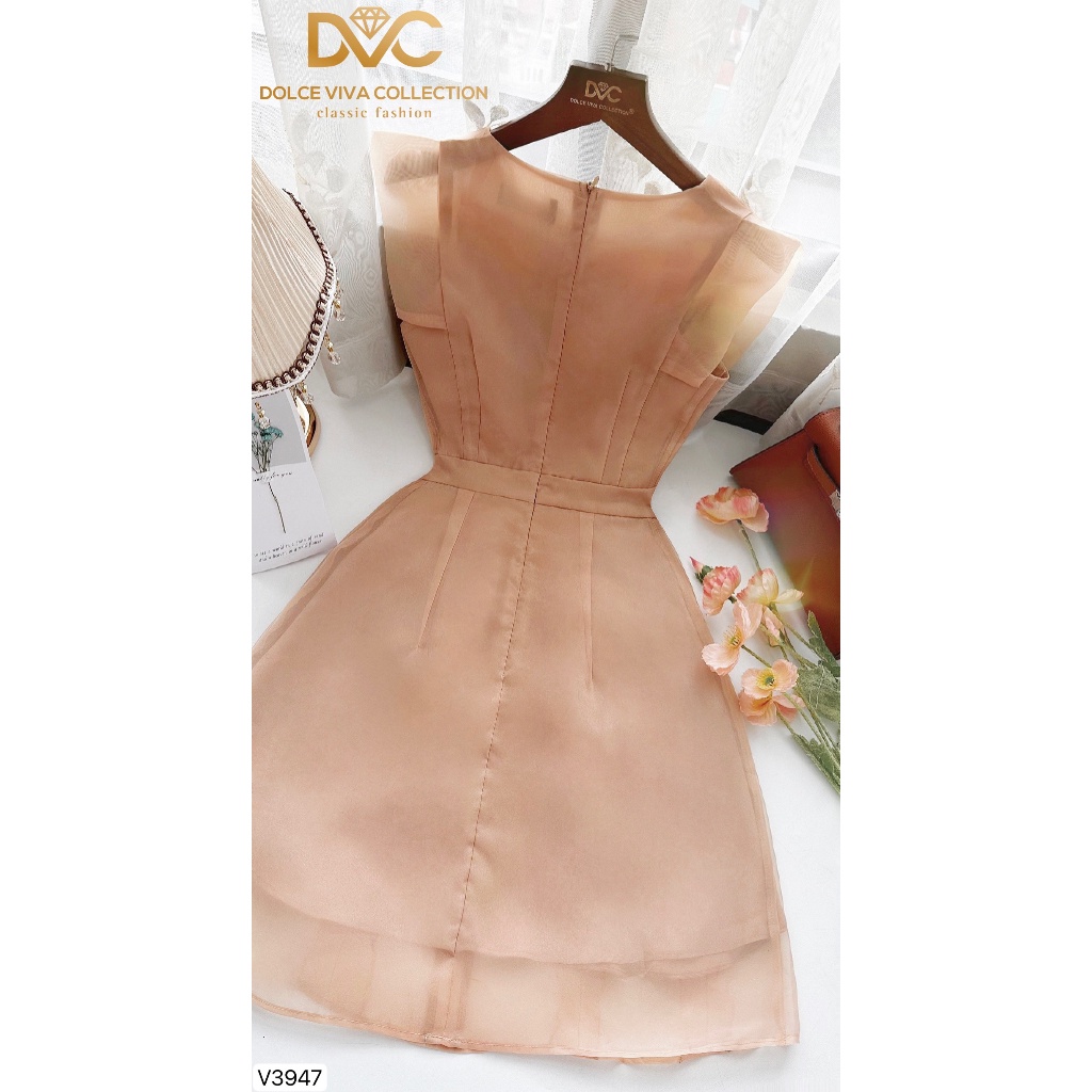 VÁY NỮ ĐI CHƠI, VÁY NÂU PHỐI BÈO CỔ ĐÍNH HOA V3947 - DVC as store