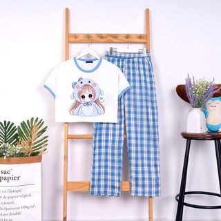 Bộ cho bé gái áo croptop cô gái 3d kute kèm quần kẻ ống rộng size 9 đến 65kg