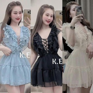 Đầm váy sát nách bèo voan cánh tiên đan dây tiểu thư