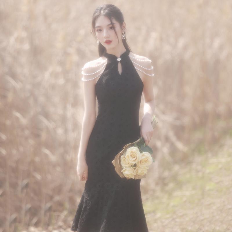 Đầm Dạ Hội Nhỏ Màu Đen Sa Mạc jin chen Có Thể Mặc qipao Và Đuôi Cá as a host9.6 Cho Nữ