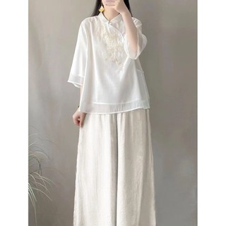 Hàng Mới Về Mới Set Áo Sơ Mi Thêu Họa Tiết Phong Cách Trung Hoa Cổ Điển 23 Món Chất Liệu cotton Lanh Thời Trang Mùa Hè Cho Nữ