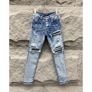 Quần AMIRI 4 Cúc Xanh Gối Vá Da Nhăn Quần Skinny Jean Amiri Nam Rách Gối Da Đen Trắng Đỏ Vá Họa Tiết Hot