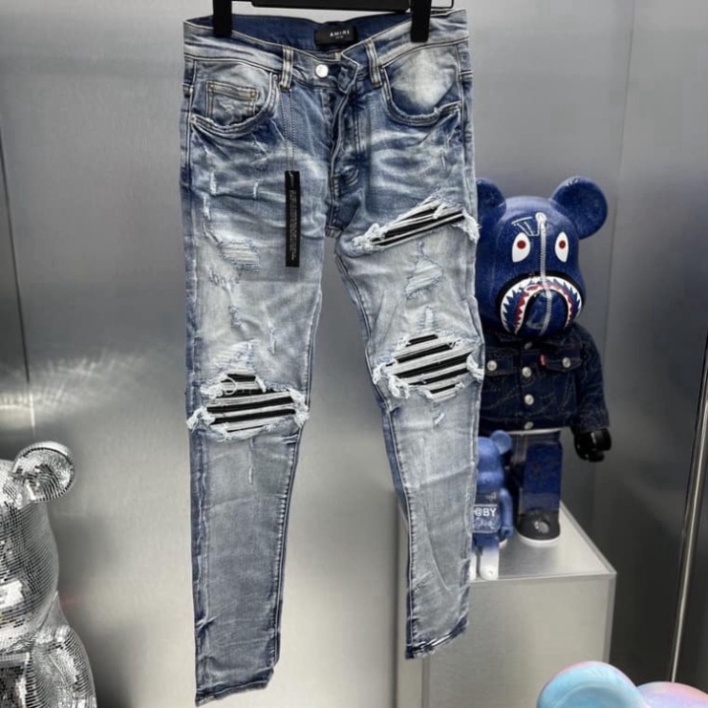 Quần AMIRI 4 Cúc Xanh Gối Vá Da Nhăn Quần Skinny Jean Amiri Nam Rách Gối Da Đen Trắng Đỏ Vá Họa Tiết Hot
