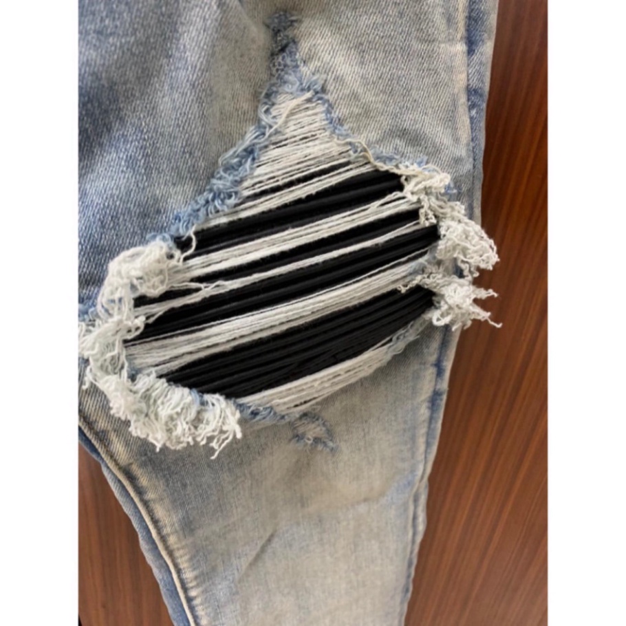 Quần AMIRI 4 Cúc Xanh Gối Vá Da Nhăn Quần Skinny Jean Amiri Nam Rách Gối Da Đen Trắng Đỏ Vá Họa Tiết Hot