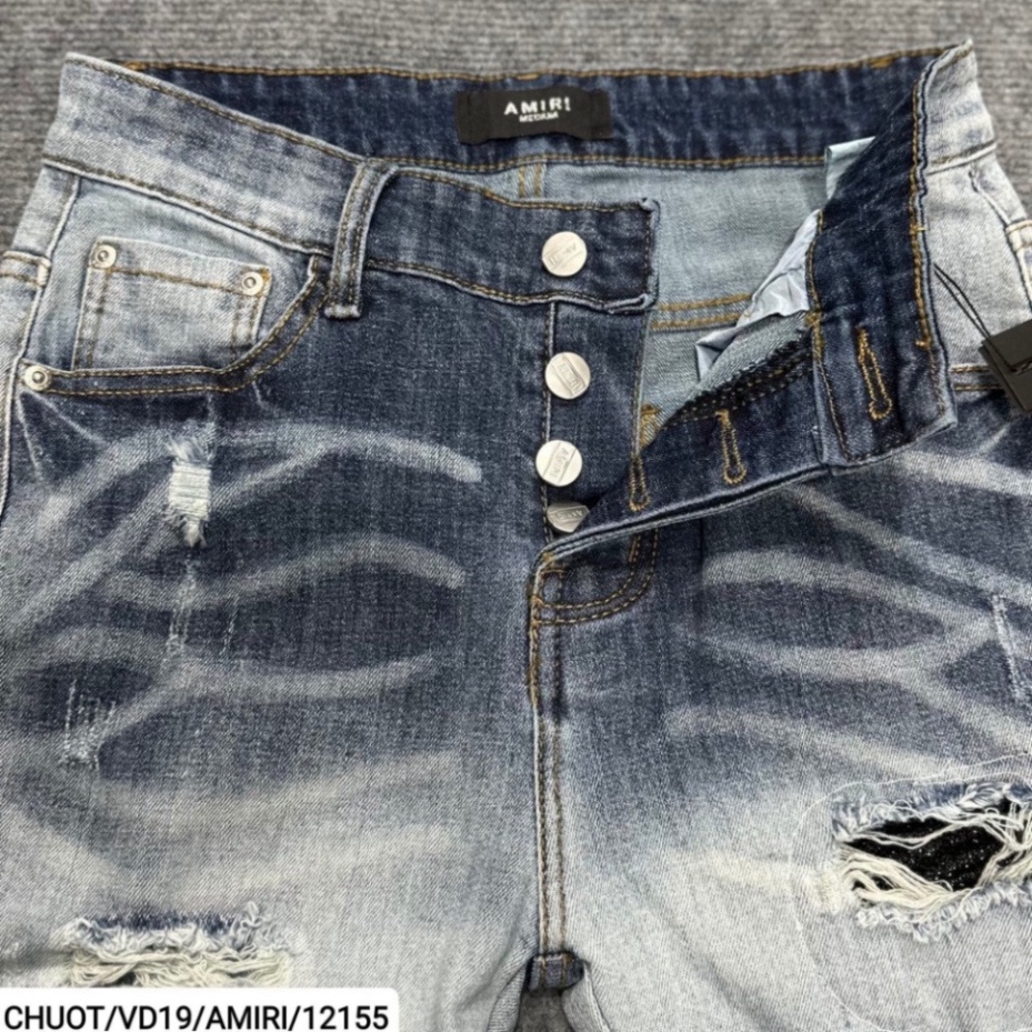Quần AMIRI 4 Cúc Xanh Gối Vá Da Nhăn Quần Skinny Jean Amiri Nam Rách Gối Da Đen Trắng Đỏ Vá Họa Tiết Hot