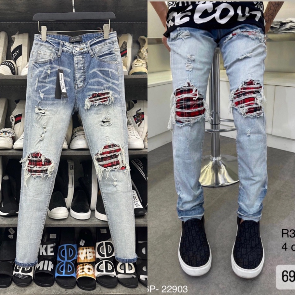 Quần AMIRI 4 Cúc Xanh Gối Vá Da Nhăn Quần Skinny Jean Amiri Nam Rách Gối Da Đen Trắng Đỏ Vá Họa Tiết Hot