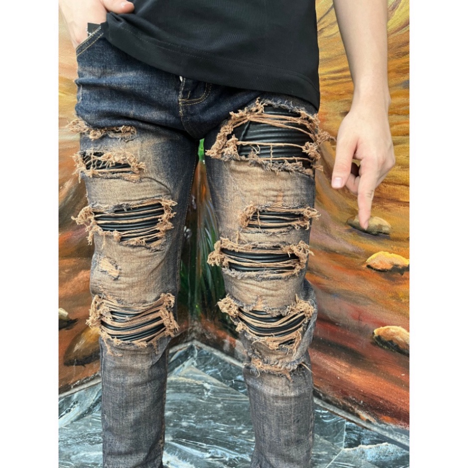 Quần Jean Amiri LIKE AUTH 4 Cúc Like Au Màu Nâu Đất Tua Vàng Lót Da,Quần bò Amiri vá da nhăn cứng 4 khuy chất Boy phố